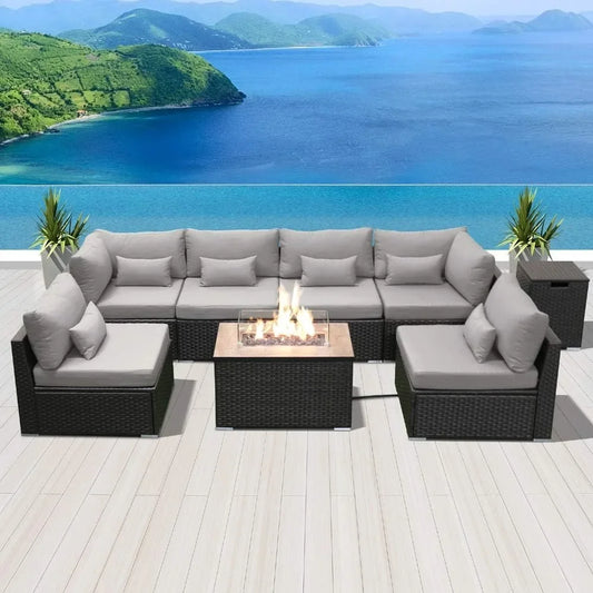 Outdoor Patio Sofa Set with Propane Fire Pit Table – Modern Outdoor Furniture for Deck & Garden