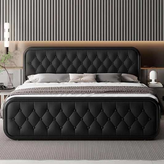 King Size Bed Frame Heavy Duty Bed Frame With Faux Leather Headboard Bedroom Furniture 12" Under-Bed Storage Black - Homeward Trends