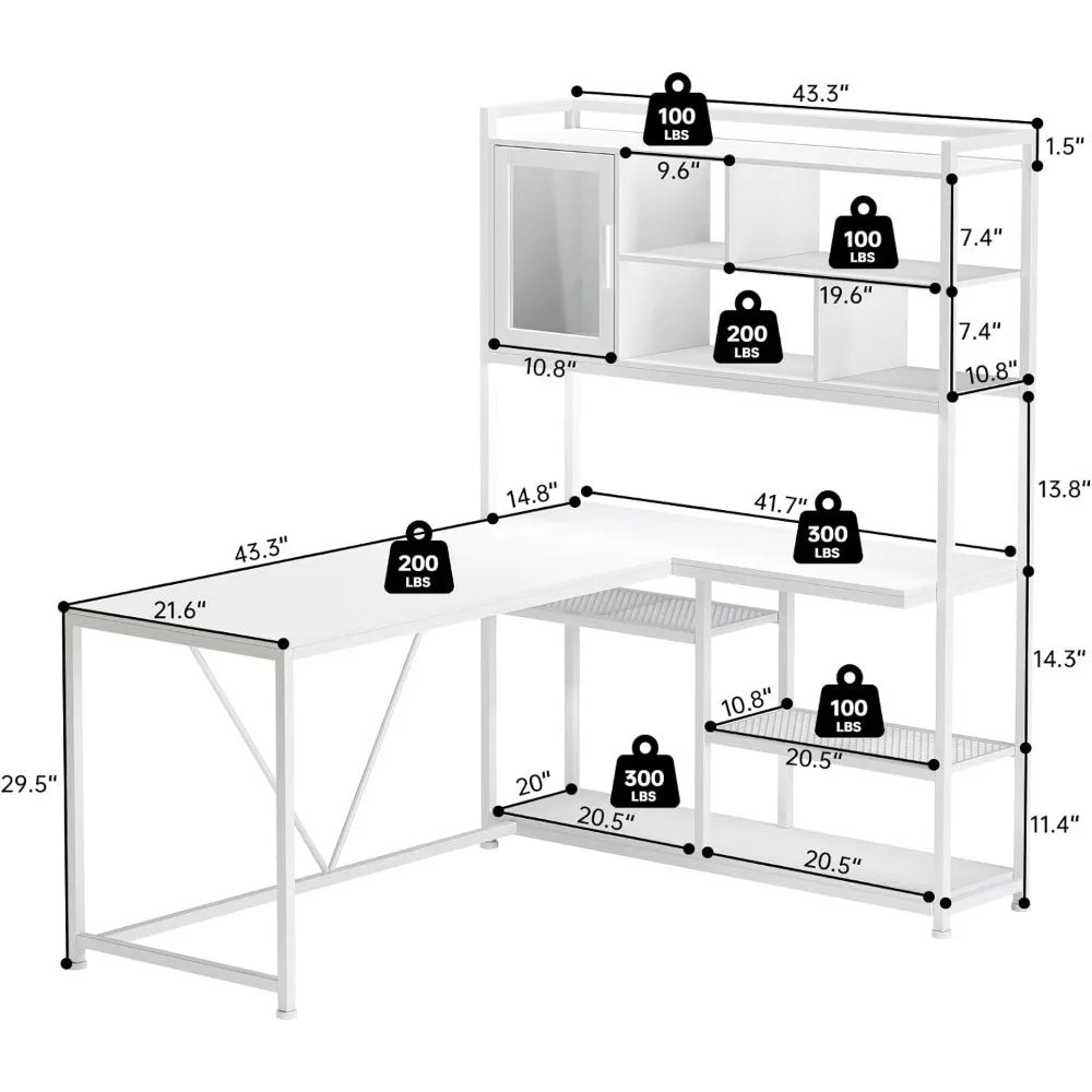 58'' L-Shaped Computer Desk with LED Light & Bookshelf - Office Desk with Storage Shelves for Home Office - Homeward Trends