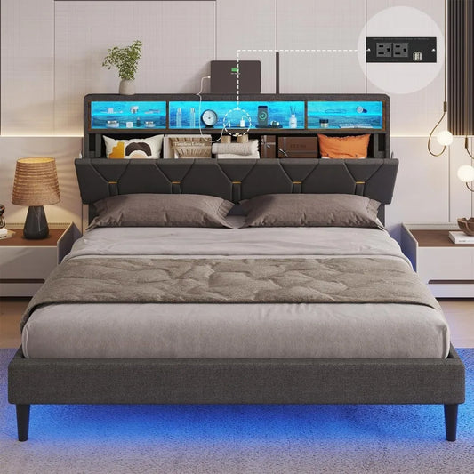 Queen Bed Frame w USB Ports & Outlets, LED Bed Frame Queen Size w Shelf Storage Headboard, Upholstered Platform Bed w LED Lights - Homeward Trends