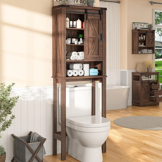 Over-The-Toilet Storage Cabinet, 68" Tall with Sliding Barn Door & Adjustable Shelves