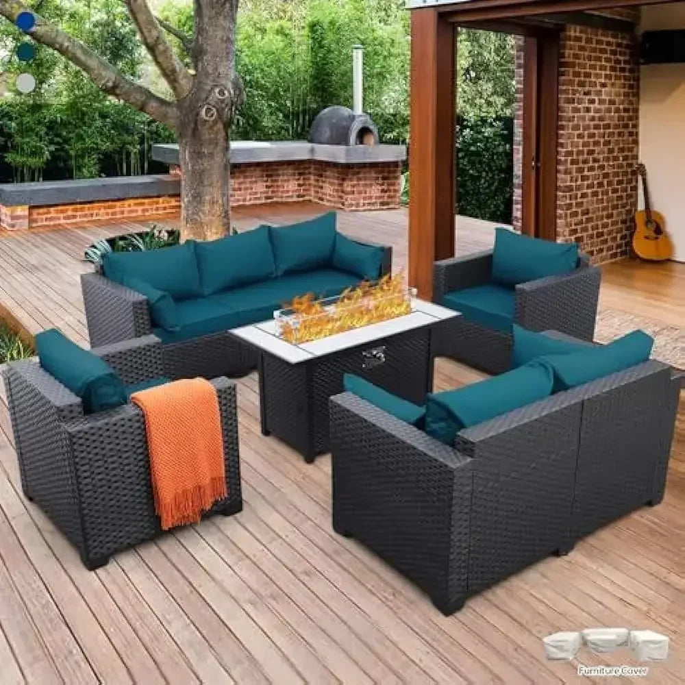 5-Piece Outdoor Wicker Patio Furniture Set – 45" Fire Pit Table, No-Slip Cushions & Waterproof Cover