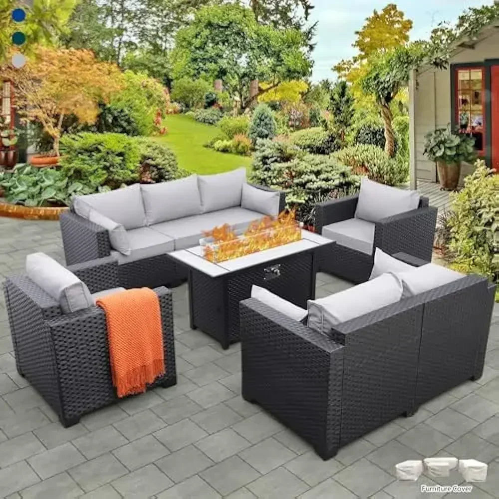 5-Piece Outdoor Wicker Patio Furniture Set – 45" Fire Pit Table, No-Slip Cushions & Waterproof Cover