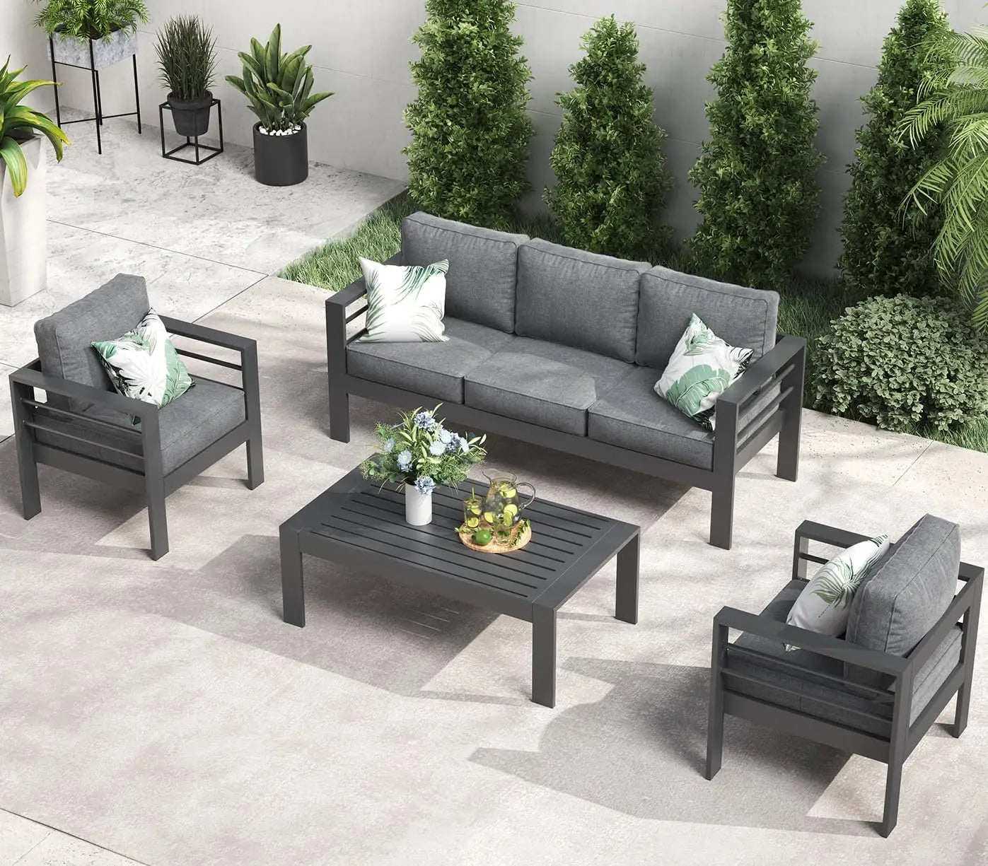 5-Piece Aluminum Patio Furniture Set with Fire Pit Table – Modern Outdoor Sectional Sofa Conversation Set