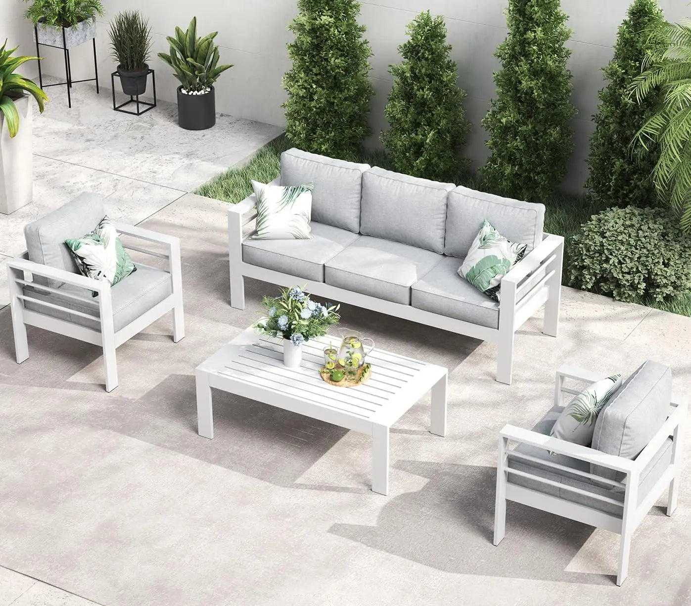 5-Piece Aluminum Patio Furniture Set with Fire Pit Table – Modern Outdoor Sectional Sofa Conversation Set