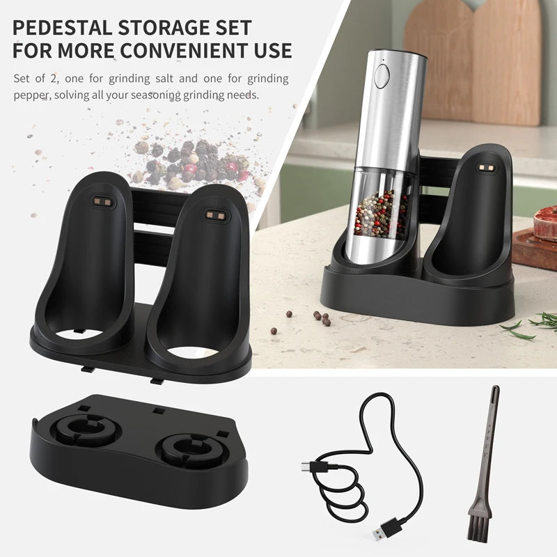 Rechargeable Electric Salt & Pepper Grinder – Adjustable Coarseness, Refillable Mill, Battery-Powered - Super 1 with base - salt pepper shakers - Homeward Trends