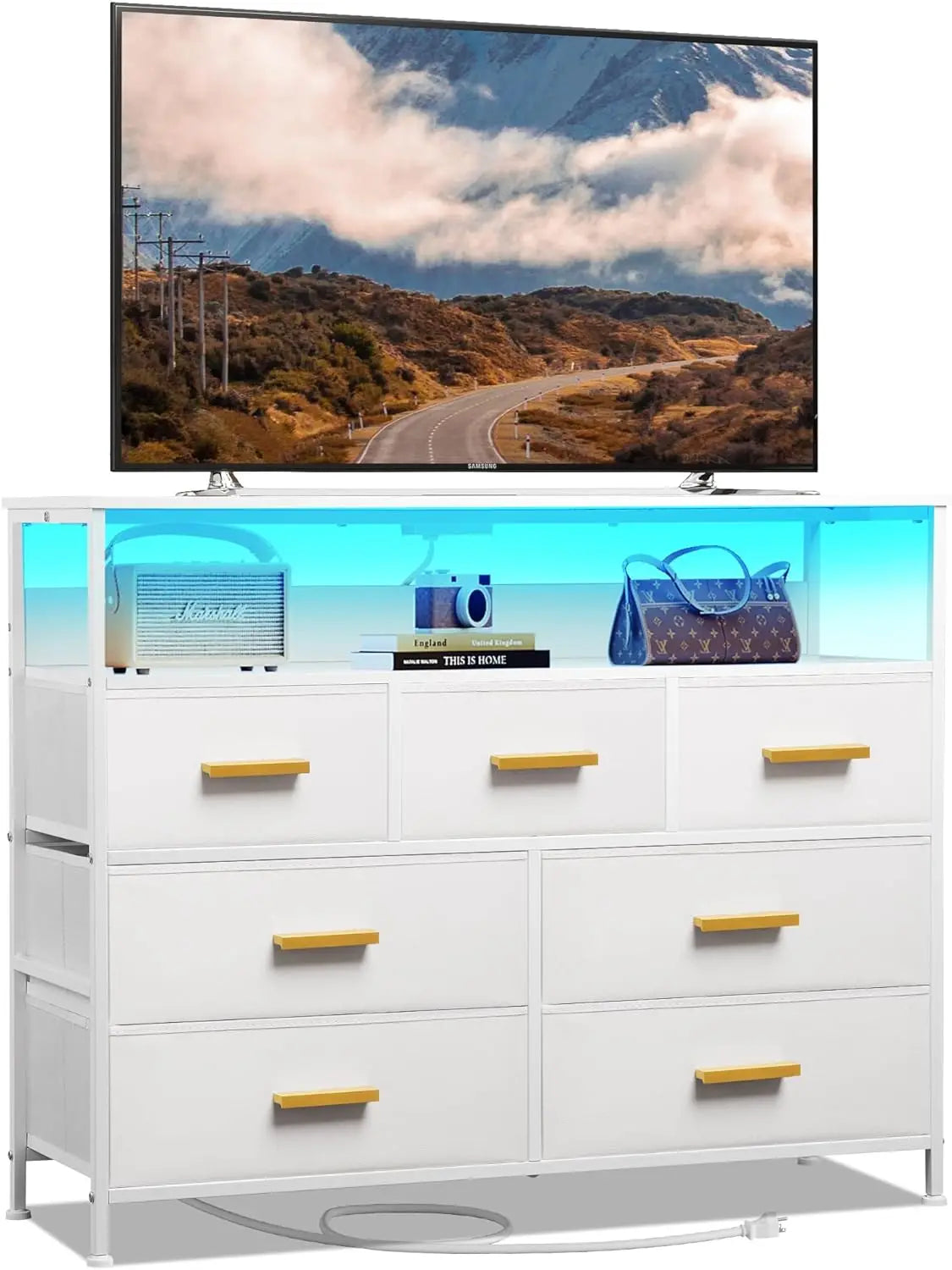 Dresser for Bedroom Dresser TV Cabinet With LED Lights and Power Socket Chest of Drawers TV Up to 45 Inches Furniture Home - Homeward Trends