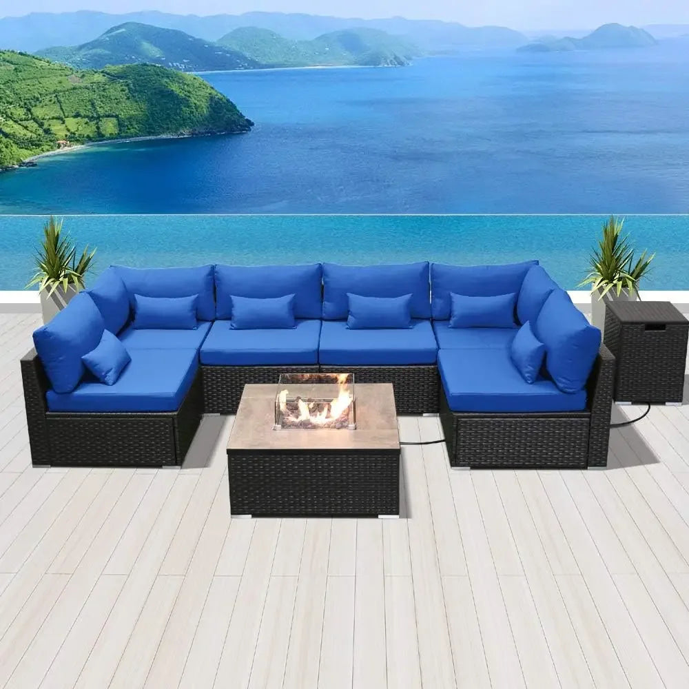 Outdoor Patio Sofa Set with Propane Fire Pit Table – Modern Outdoor Furniture for Deck & Garden