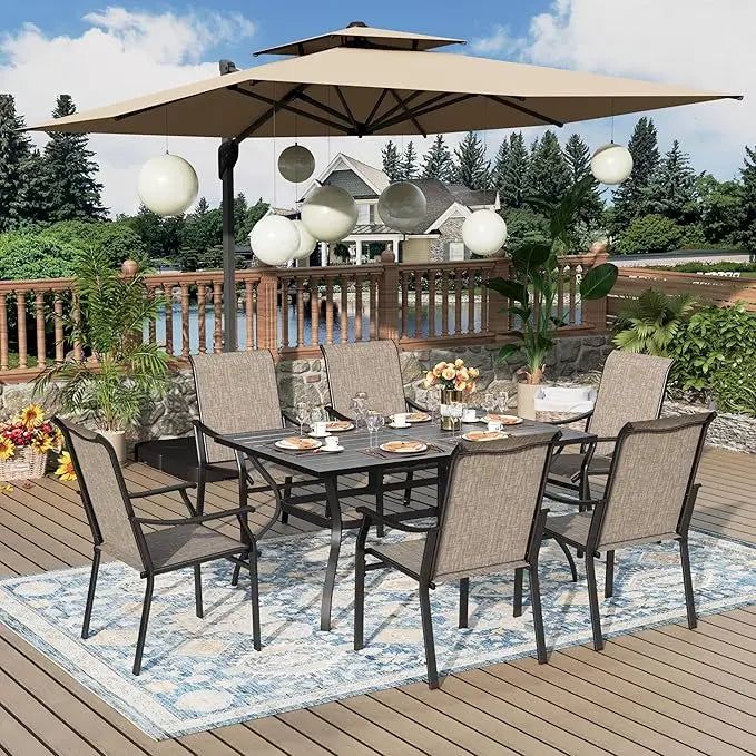 7-Piece Patio Dining Set – 64" Black Rectangular Table & 6 Textilene Chairs with Umbrella Hole