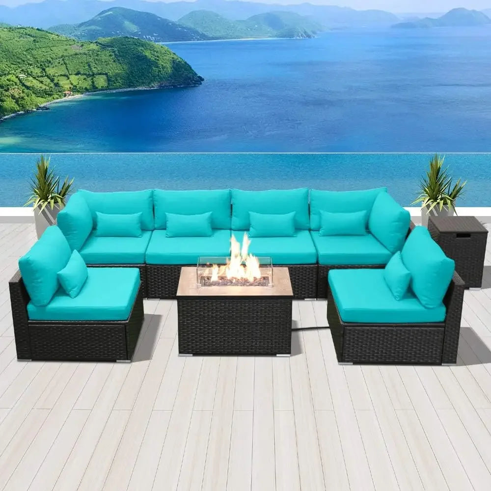 Outdoor Patio Sofa Set with Propane Fire Pit Table – Modern Outdoor Furniture for Deck & Garden