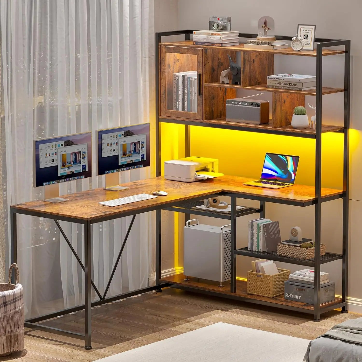 58'' L-Shaped Computer Desk with LED Light & Bookshelf - Office Desk with Storage Shelves for Home Office - Homeward Trends