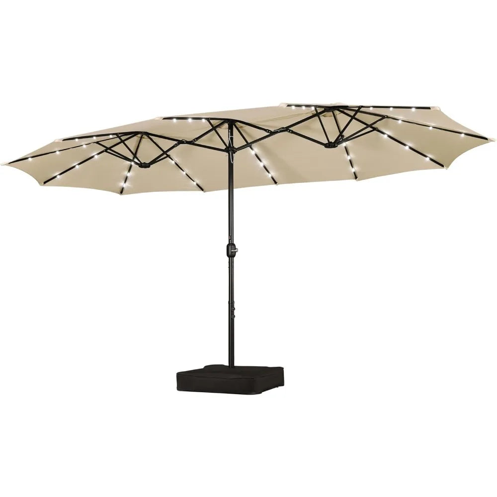 15FT Double-Sided Patio Umbrella – Large Outdoor Market Umbrella with Solar-Powered 36 LED Lights & Base