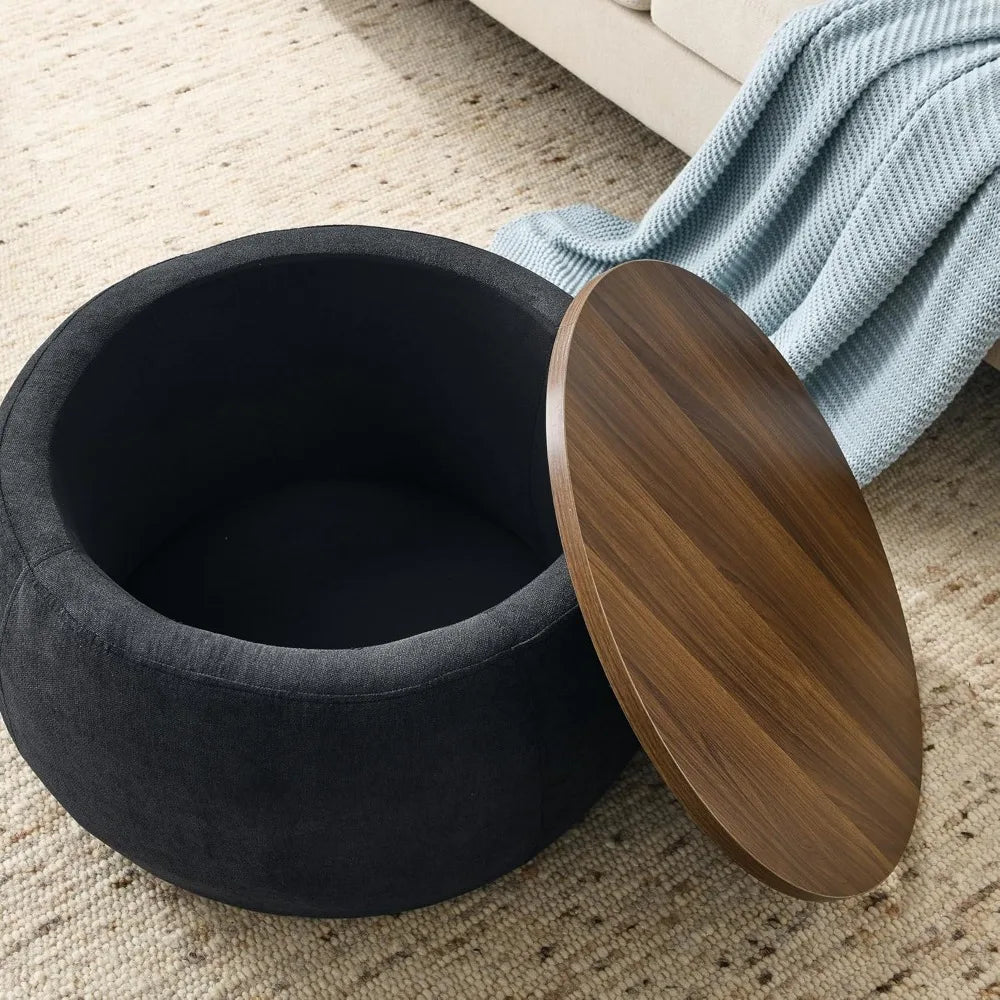 Modern Round Storage Ottoman with Wooden Lid – Handmade Coffee Table, End Table & Footstool