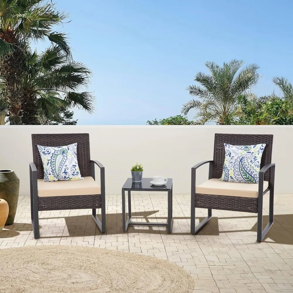 3PCS Outdoor Wicker Patio Furniture Set – Rattan Bistro Chairs & Glass Table with Cushions for Garden & Deck