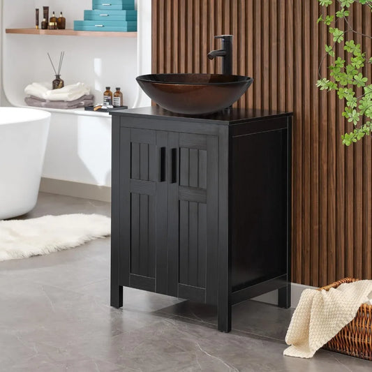 24'' Black Bathroom Vanity with Vessel Sink, Modern Cabinet with Grooved Doors, Stylish Design