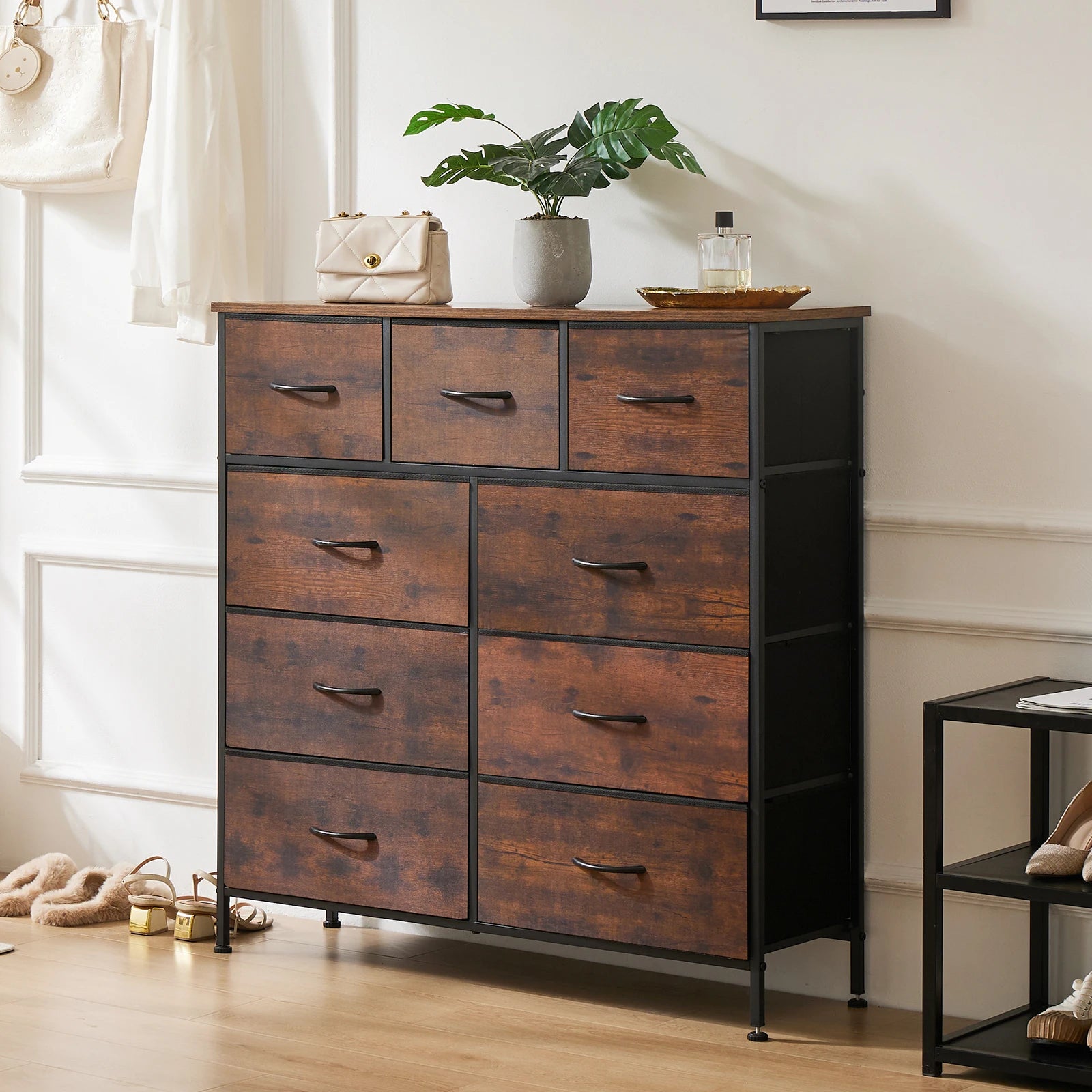 Dresser For Bedroom With 9 Fabric Storage Drawer Wardrobe Tall Chest Organizer Closet Adult Kids Clothes Wood Cabinet Furniture - Homeward Trends