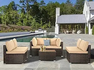 7 Pieces Patio Furniture Set, Modular Patio Set Wicker Outdoor Sectional Sofa Set PE Rattan Wicker Patio Conversation Set - Homeward Trends