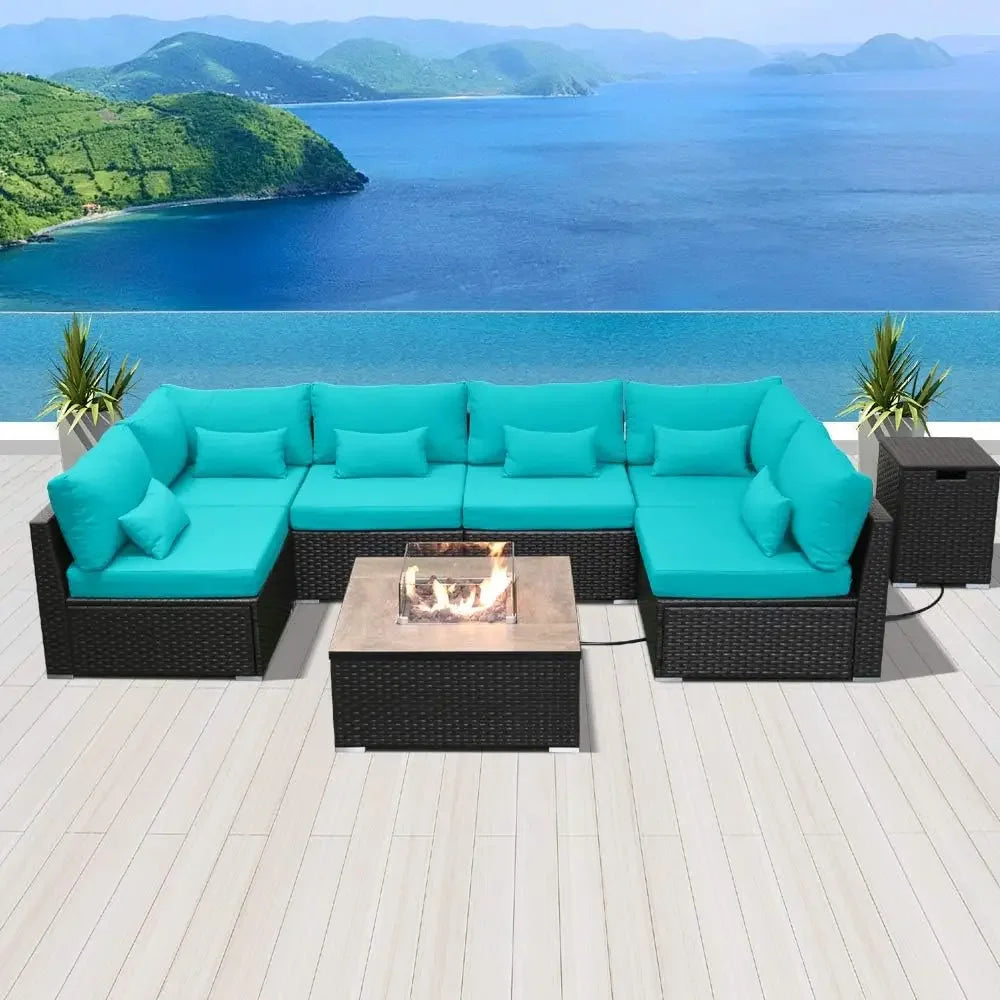 Outdoor Patio Sofa Set with Propane Fire Pit Table – Modern Outdoor Furniture for Deck & Garden