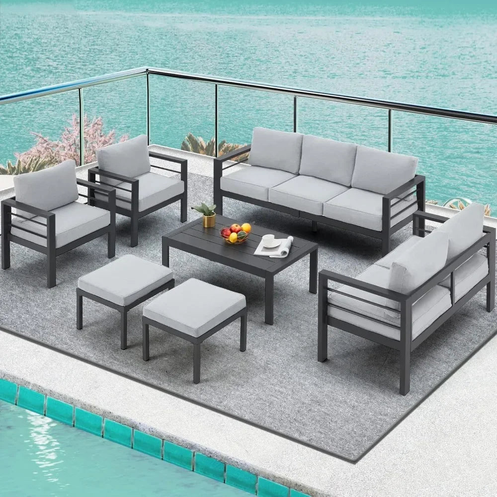 7-Piece Modern Outdoor Patio Furniture Set – Wicker Conversation Set with Cushions & Coffee Table for Balcony & Lawn