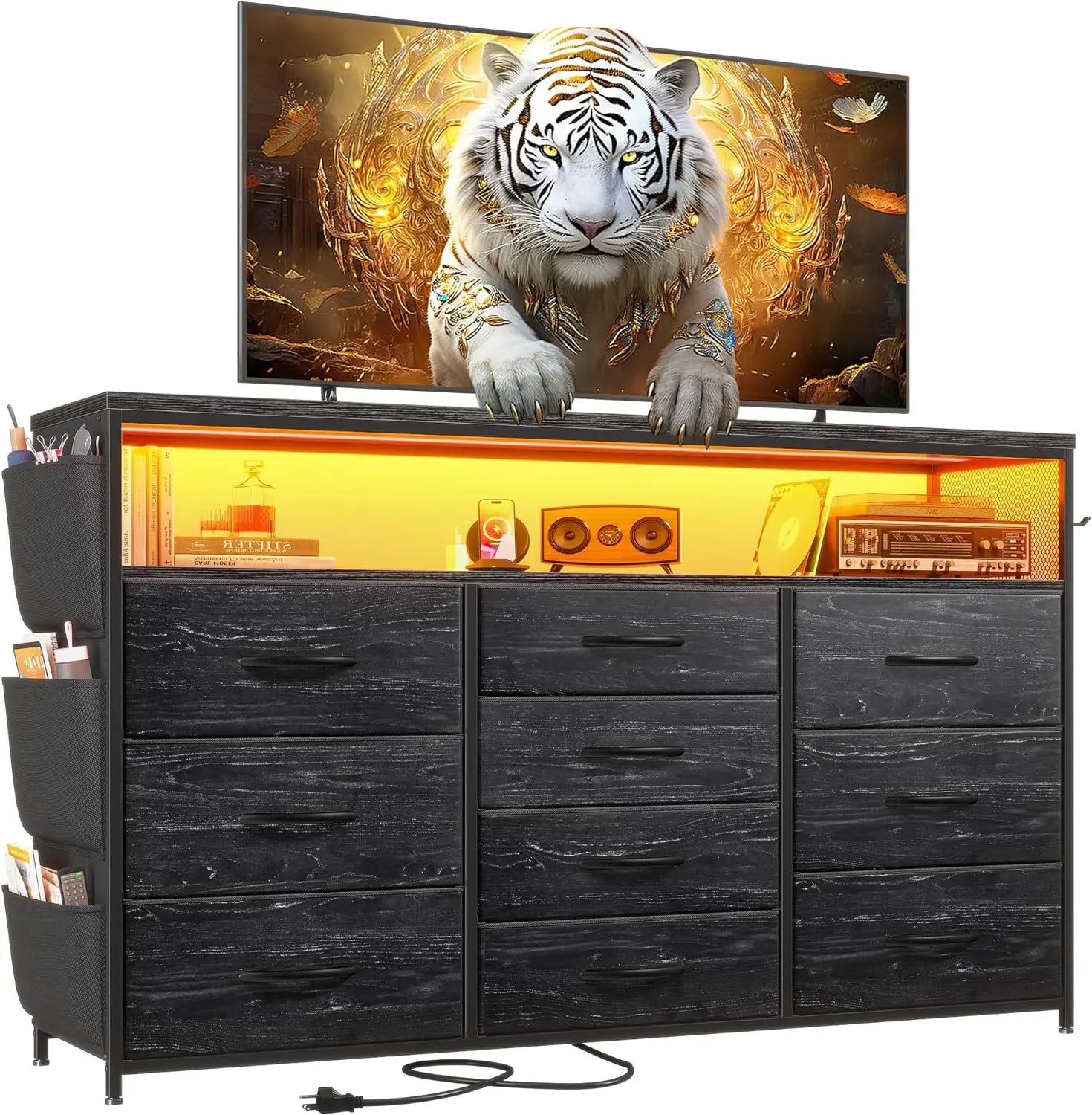 Dresser TV Stand with 10 Drawers for 55" TV Stand for Bedroom with LED Lights & Power Outlets Wide Dresser for Bedroom with Shel - Homeward Trends