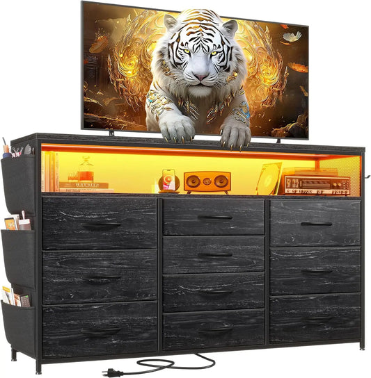 Dresser TV Stand with 10 Drawers for 55" TV Stand for Bedroom with LED Lights & Power Outlets Wide Dresser for Bedroom with Shel - Homeward Trends