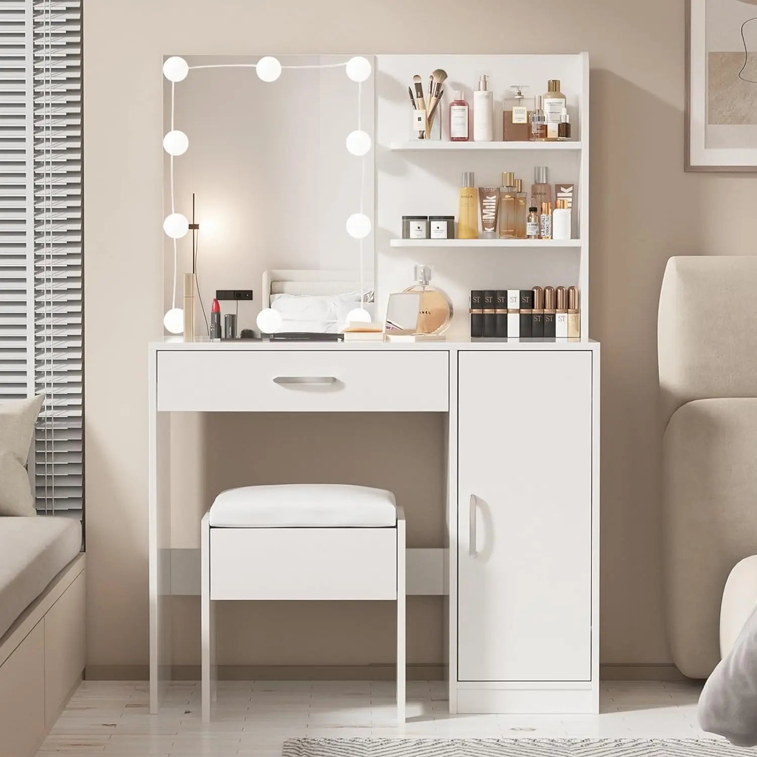 Makeup Vanity with Lights Vanity Desk with Mirror and Lights Set Large Drawer and Two-Tier Lots Storage Cabinet Dresser - Homeward Trends