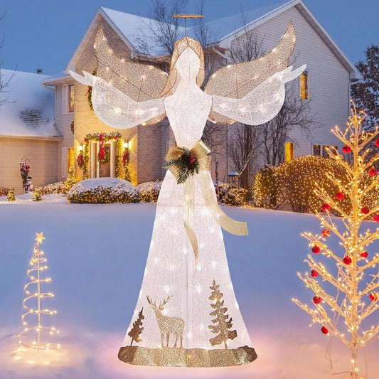 5 FT Pre-Lit 3D Christmas Angel - Outdoor Glittered Decor w/ 100 Warm White Lights, Halo & Bow