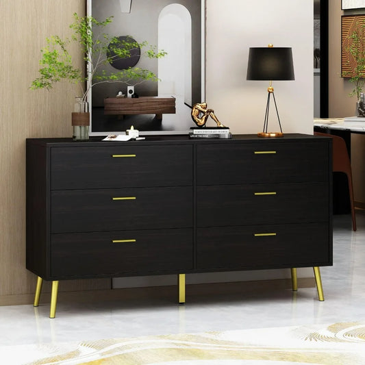 Six Drawer Dresser, Drawer Chest Six Drawer Cabinet with Gold Metal Legs, Modern & Contemporary Dresser - Homeward Trends