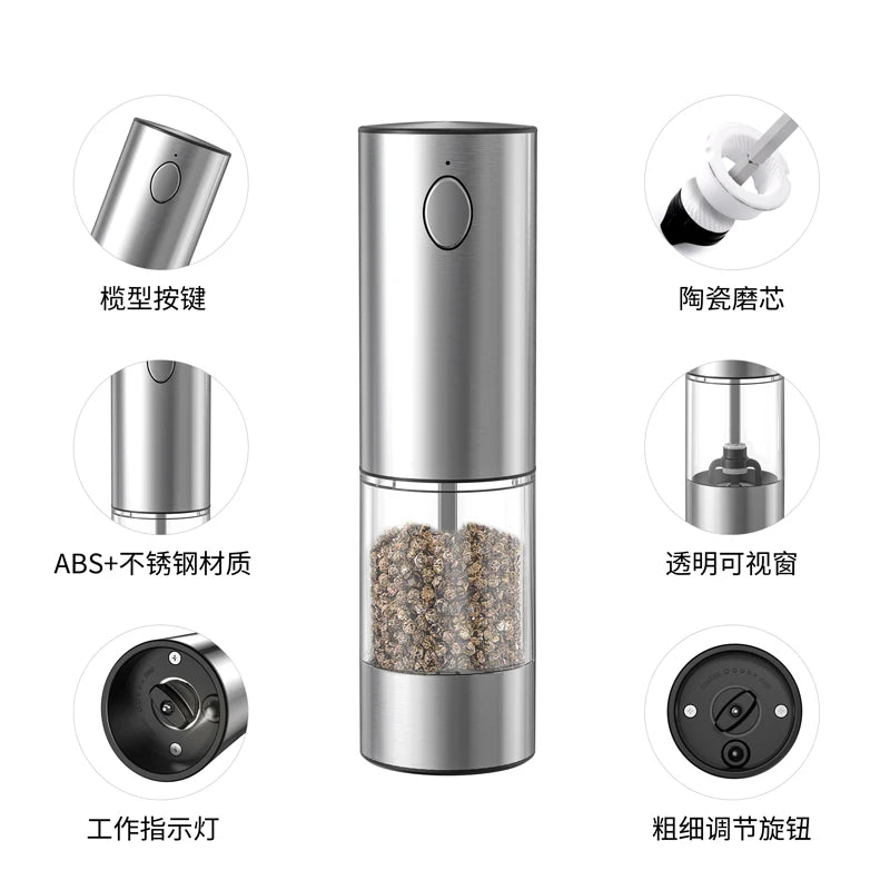 Rechargeable Electric Salt & Pepper Grinder – Adjustable Coarseness, Refillable Mill, Battery-Powered - Super 1 with base - salt pepper shakers - Homeward Trends