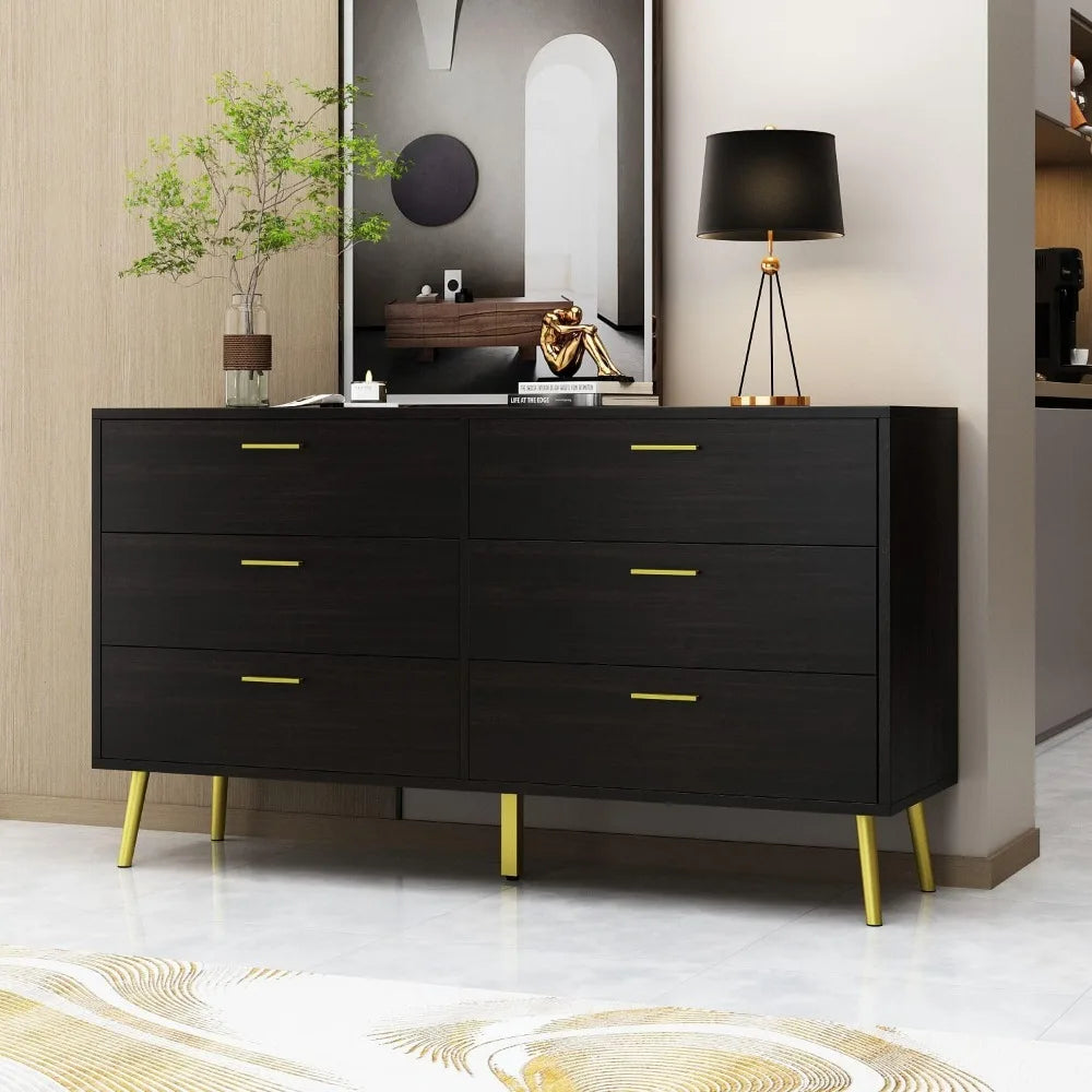 Six Drawer Dresser, Drawer Chest Six Drawer Cabinet with Gold Metal Legs, Modern & Contemporary Dresser - Homeward Trends