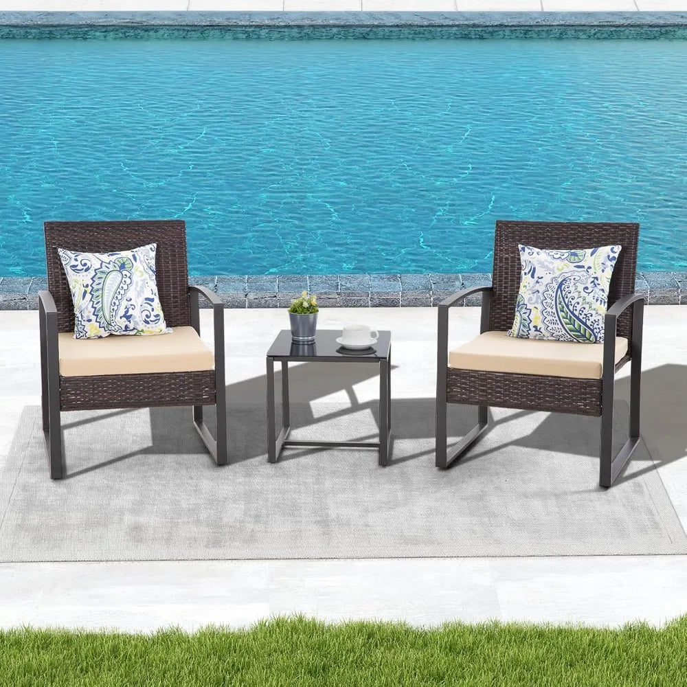 3PCS Outdoor Wicker Patio Furniture Set – Rattan Bistro Chairs & Glass Table with Cushions for Garden & Deck