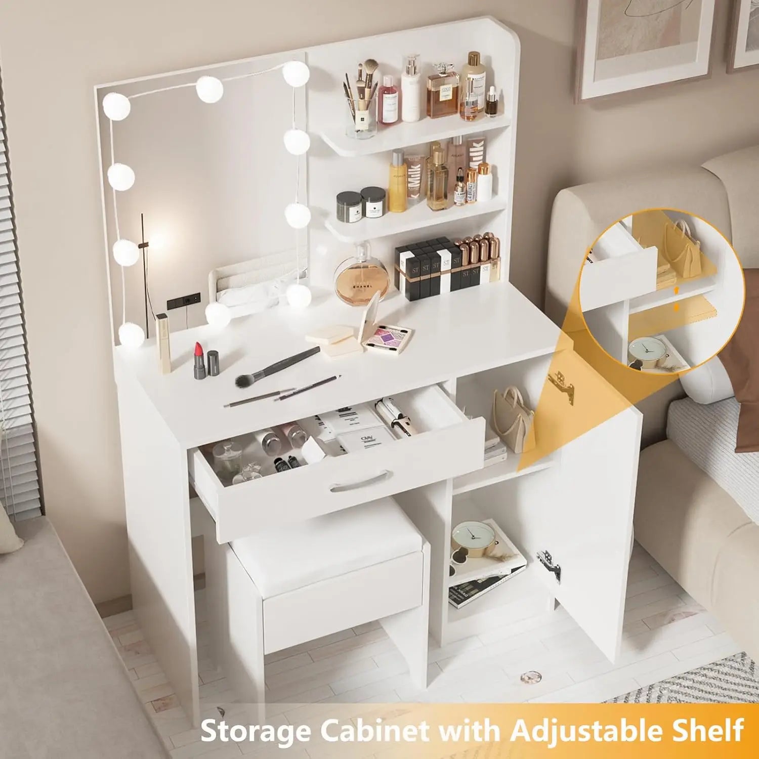 Makeup Vanity with Lights Vanity Desk with Mirror and Lights Set Large Drawer and Two-Tier Lots Storage Cabinet Dresser - Homeward Trends