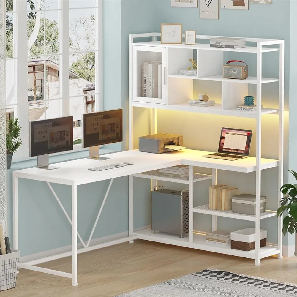 58'' L-Shaped Computer Desk with LED Light & Bookshelf - Office Desk with Storage Shelves for Home Office - Homeward Trends