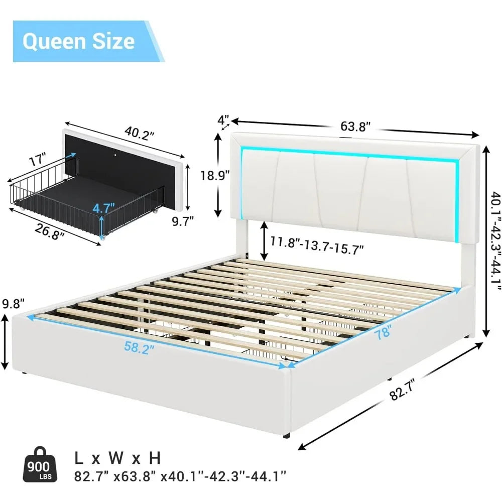 Queen Size LED Bed Frame, with Storage Drawer and USB Port, Modern Faux Leather Upholstered Headboard - Homeward Trends