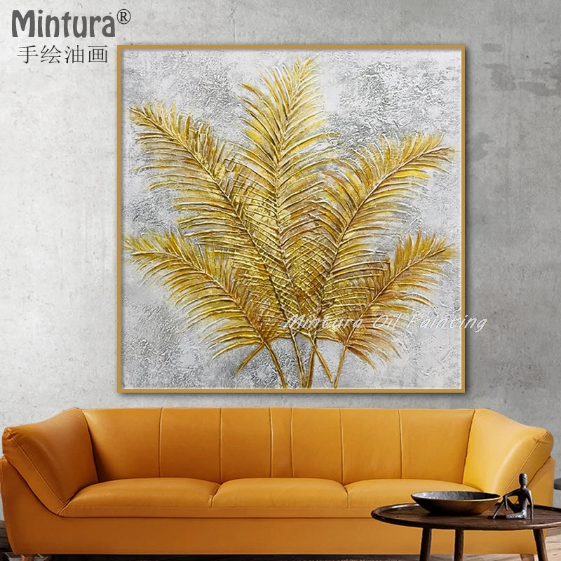 Mintura Hand-Painted Golden Leaves Oil Painting on Canvas - Modern Abstract Pop Art for Home and Room Decor - Homeward Trends