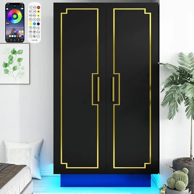 70in LED 4 Doors Armoires Wardrobe Closet&Cabinet with Metal Hanging Rod, Freestanding Bedroom White Tall Armoires with RGB LED - Homeward Trends