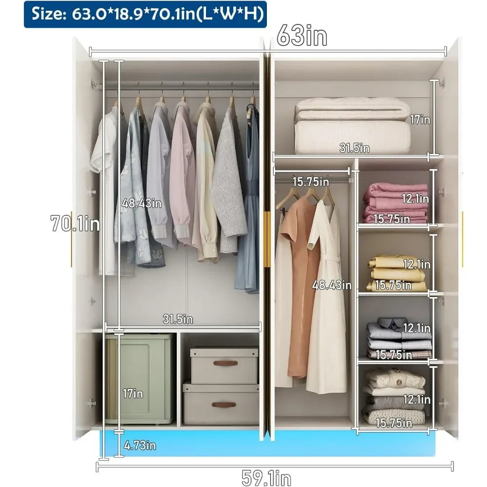 70in LED 4 Doors Armoires Wardrobe Closet&Cabinet with Metal Hanging Rod, Freestanding Bedroom White Tall Armoires with RGB LED - Homeward Trends