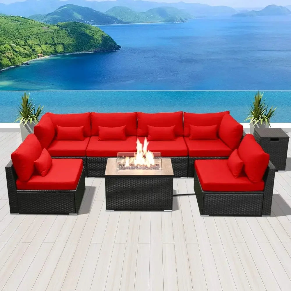 Outdoor Patio Sofa Set with Propane Fire Pit Table – Modern Outdoor Furniture for Deck & Garden