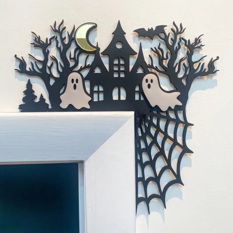 Spooky Pumpkin & Witch Halloween Wooden Door Topper – Horror Atmosphere Craft Décor