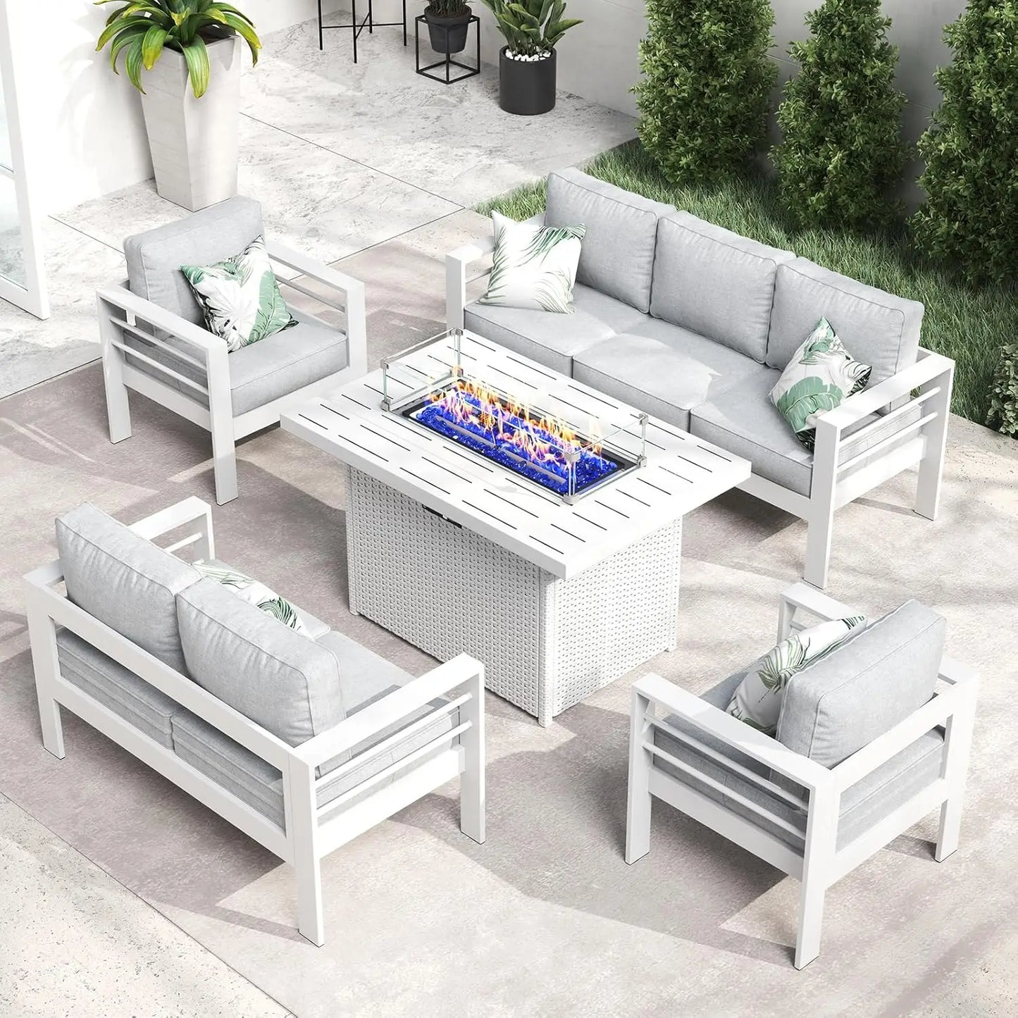 5-Piece Aluminum Patio Furniture Set with Fire Pit Table – Modern Outdoor Sectional Sofa Conversation Set