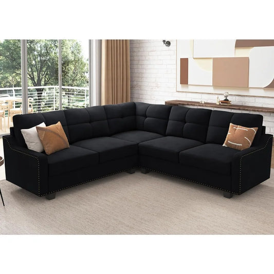 Convertible L-Shaped Velvet Sofa for Small Apartments – Reversible Sectional Couch in Black