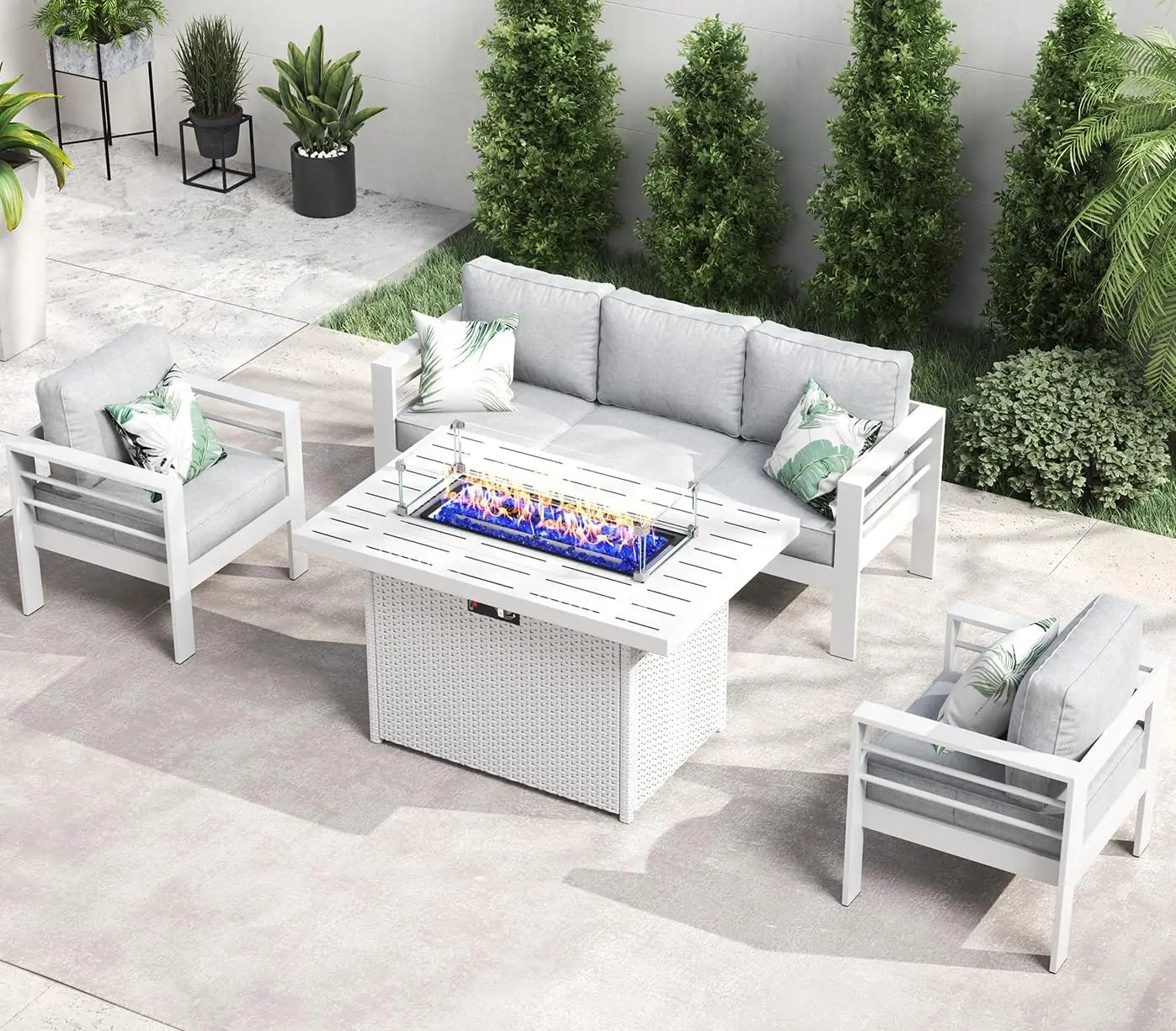 5-Piece Aluminum Patio Furniture Set with Fire Pit Table – Modern Outdoor Sectional Sofa Conversation Set