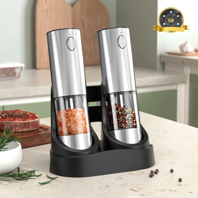 Rechargeable Electric Salt & Pepper Grinder – Adjustable Coarseness, Refillable Mill, Battery-Powered - Super 1 with base - salt pepper shakers - Homeward Trends