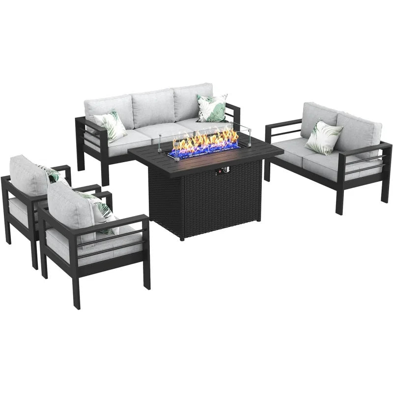 5-Piece Aluminum Patio Furniture Set with Fire Pit Table – Modern Outdoor Sectional Sofa Conversation Set