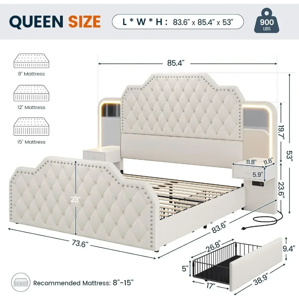 Full Size 53” Tall Platform Bed Frame with 4 Storage Drawers Built in Charging Station & LED Bedroom White Headboards Under Bed - Homeward Trends