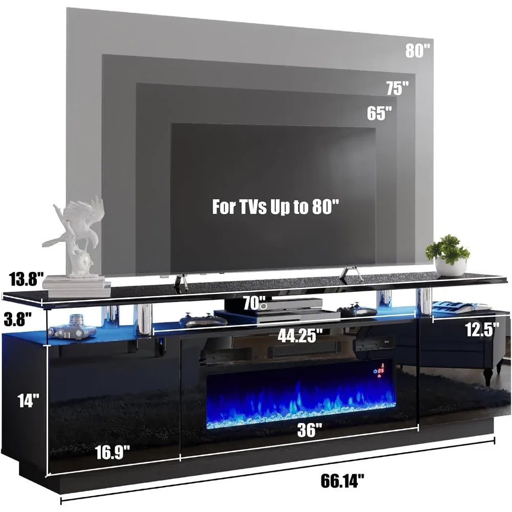 70'' High Gloss Fireplace TV Stand, 36'' Electric Fireplace, LED Entertainment Center - Homeward Trends