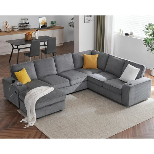 Oversized 112'' U-Shaped Corduroy Sofa with USB Ports & Storage Chaise – Grey Sectional Couch