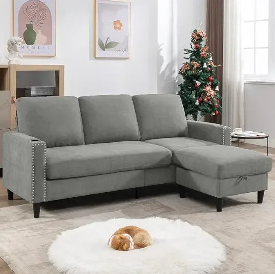 Convertible L-Shaped Sectional Sofa for Living Room – 3-Seater with Storage Chaise & 2 Cup Holders