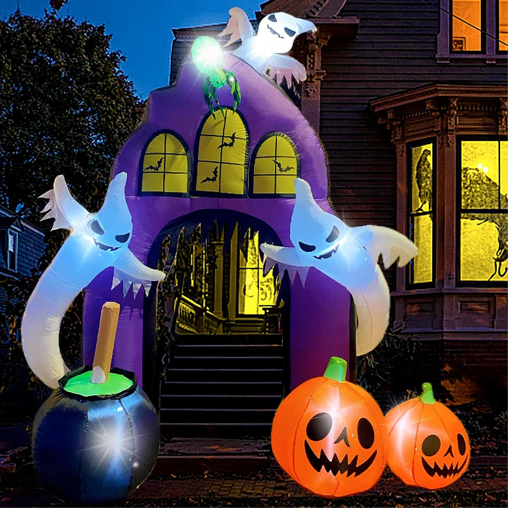 9FT Halloween Decoration Inflatable Castle Archway Blow Up Spider Ghosts Pumpkins Cauldron Built-in Lights for Outdoor Yard Lawn - Homeward Trends