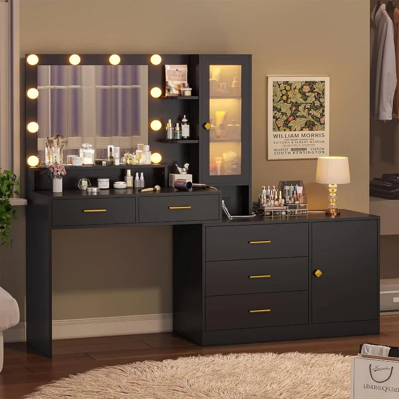 Makeup Vanity with Lights Vanity Desk with Mirror, Large Vanity Table Set with Drawer Dresser, Charging Station & RGB Cabinets - Homeward Trends